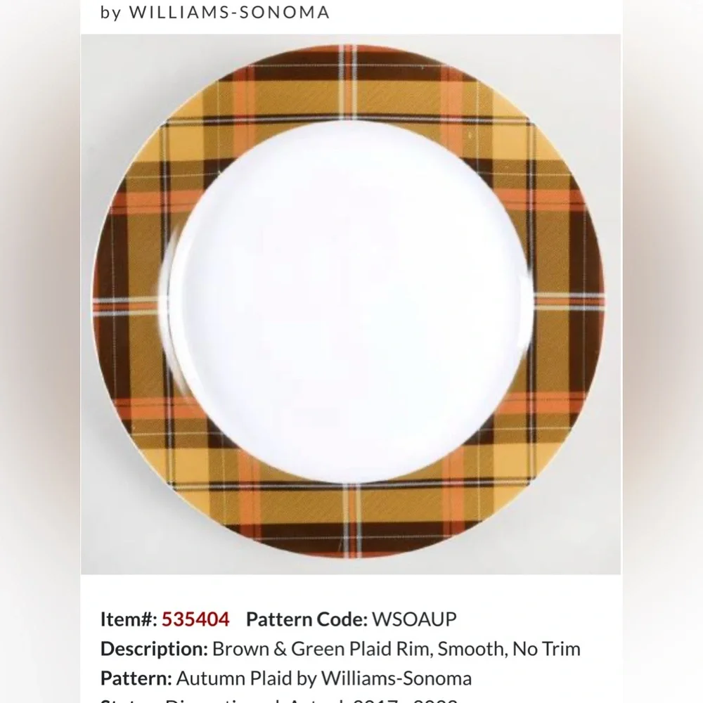 LAST ONE! New Williams Sonoma Autumn/Harvest Plaid Dinner Plate, 10 5/8”